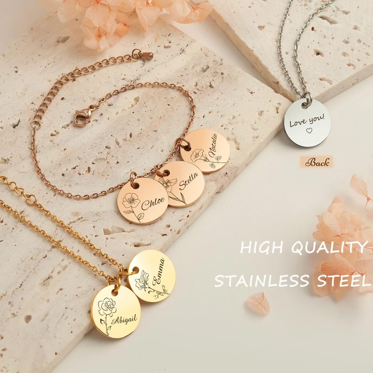 Regalo per la mamma - Bracciale personalizzato con fiore e nome - Catena con braccialetto di fascino personalizzato - Braccialetto di famiglia Regalo per la mamma Gioielli personalizzati