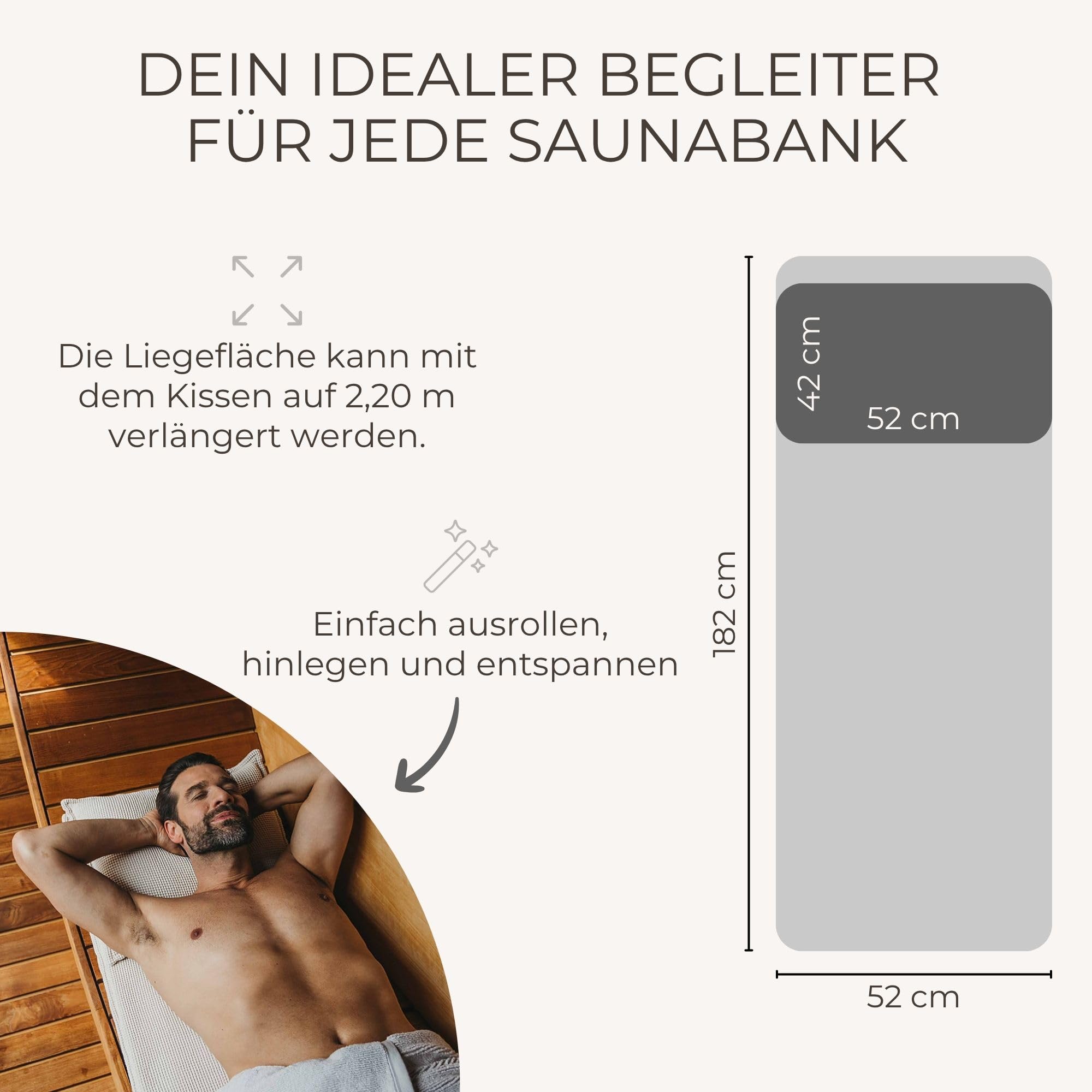 SAUNASOFA Set Long – Saunamatte zum Liegen mit Kissen – Sauna-Auflage für Infrarot & klassische Sauna – Schadstofffrei, waschbar & handgefertigt in Europa – Sauna-Set in Grau