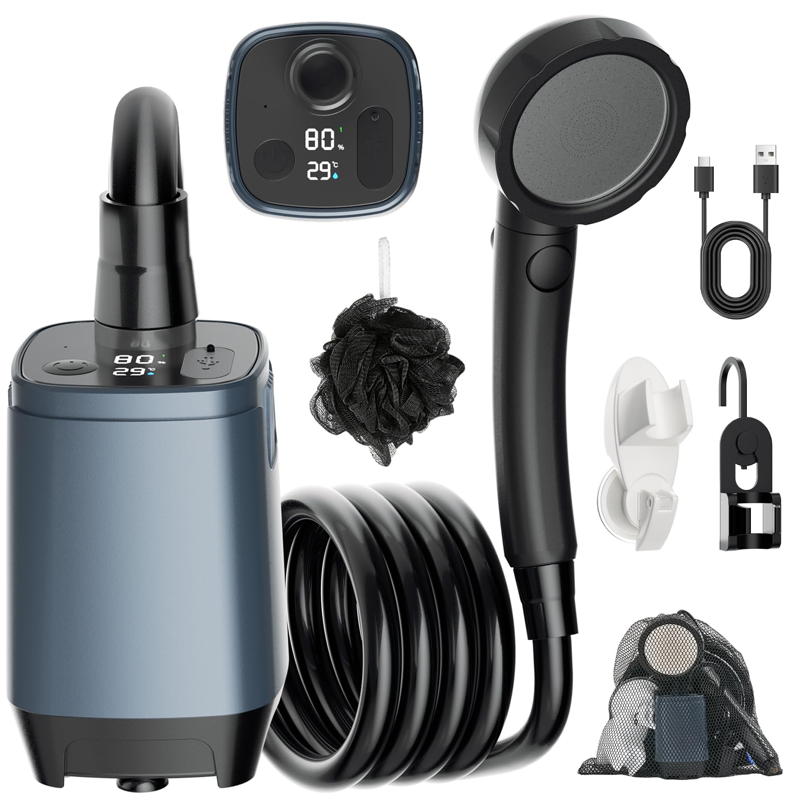 Buudala Doccia da Campeggio con Display Digital,6000mAh Doccia Ricaricabile Portatile,IPX7,4 modalità di Doccia e Un Tubo da 2M,Viaggi, Escursioni, Campeggio, Docce all'aperto, Animali Domestici