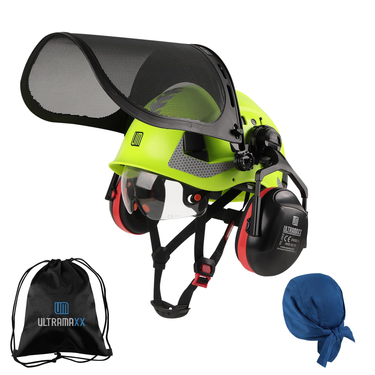 UM ULTRAMAXX Forestry Safety Helmet with Built-in Visor, Mesh Face Shield, and Bluetooth Ear Muffs, 5 in 1 Arborist Helmet for Chainsaw, Logging, and
