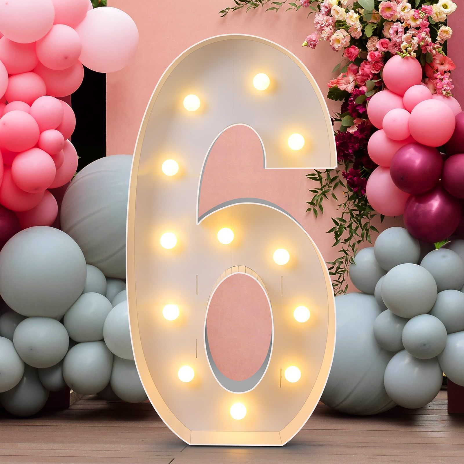 4 ft Lighted Marquee Numbers Giant Mosaic Numbers Frame Set Large White Marquee Number Party Decoration with Light String for Birthday Anniversary Decorative Balloon Frame (Number 6)