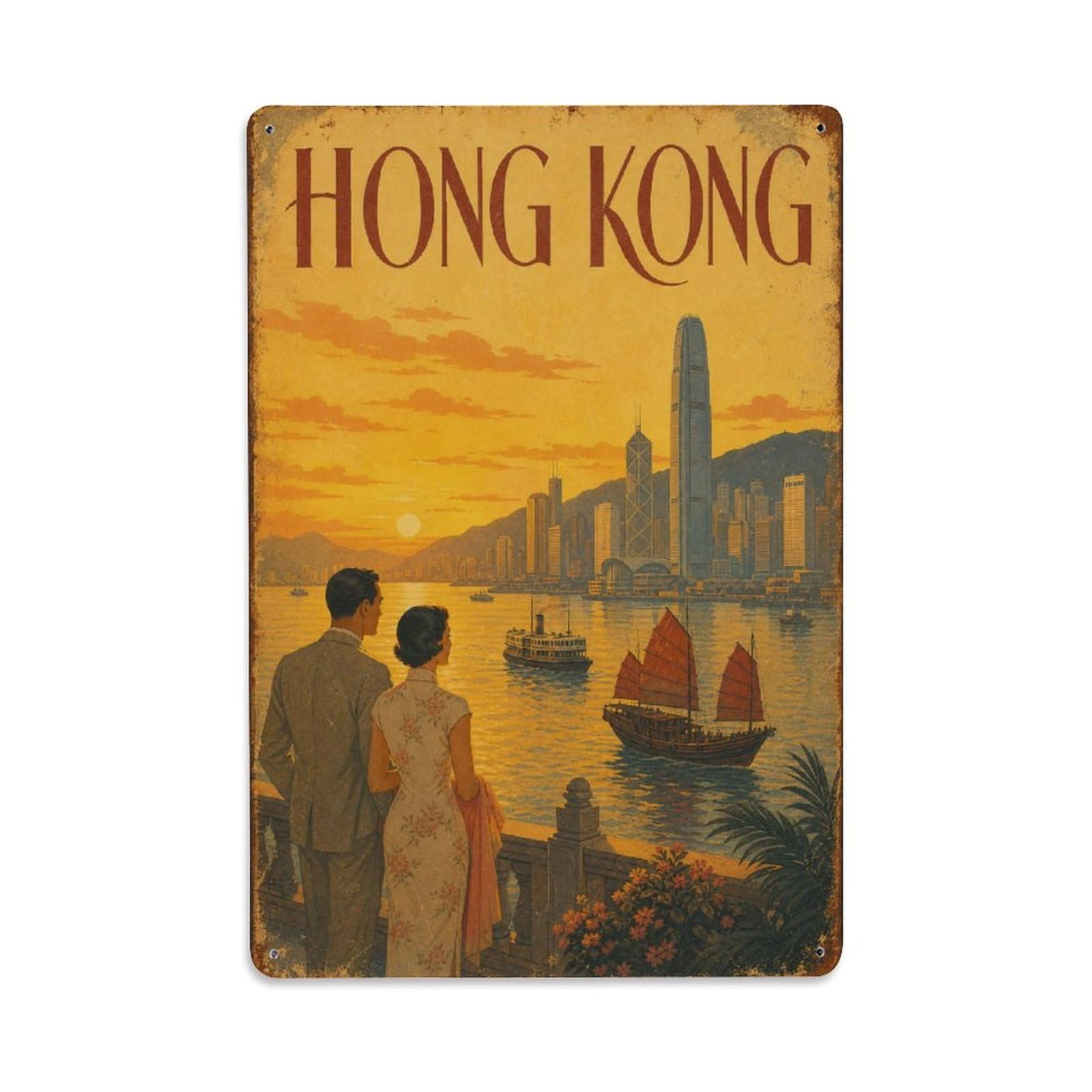 Gead 8X12inch Style Vintage Travel Hong Kong Sunset Metal Tin Sign
