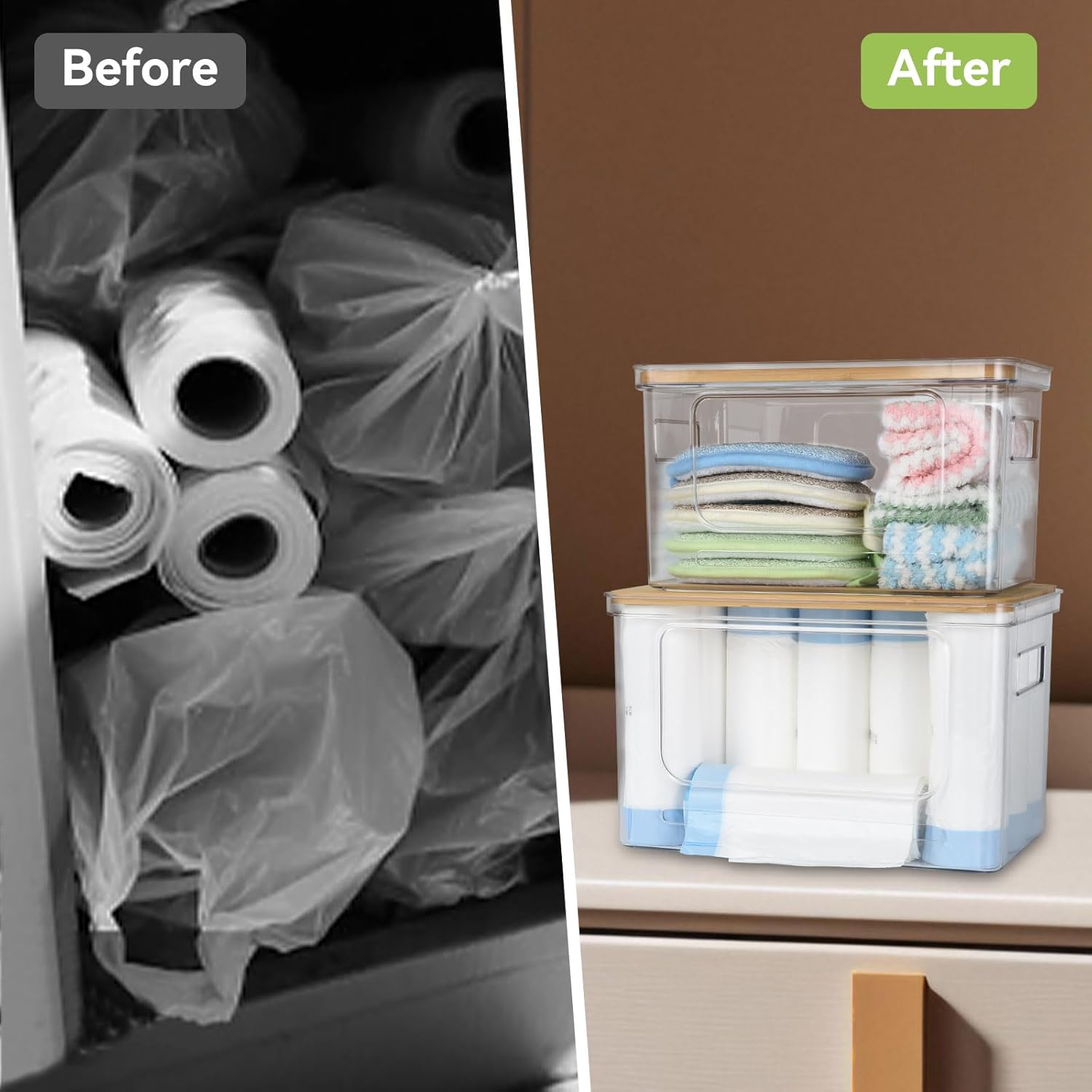 OTraki 3 Pack Trash Bag Holder Dispenser with Lid Plastic Garbage Bag Dispenser Stackable & Wall-mounted, Trash Bags Organizer Under Sink for Kitchen, Pantry Cabinet Organizer and Storage - Image 7