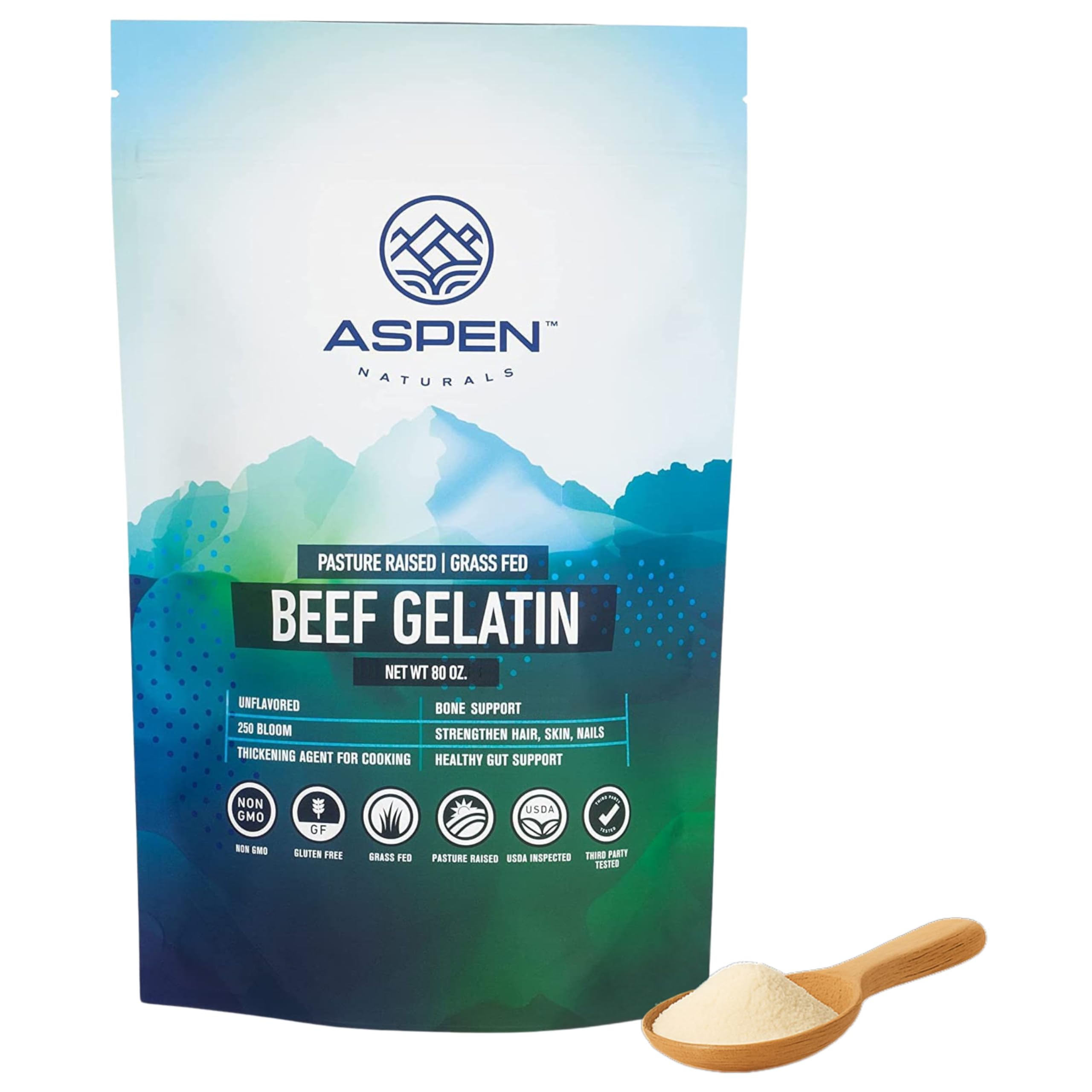 ASPEN NATURALS Beef Gelatin Powder Unflavored 5 Lb – Grass Fed Gelatin, Pasture Raised | Healthy Hair, Skin & Nails | Gut Support | Paleo Friendly Protein Supplement | Non-GMO, Gluten-Free