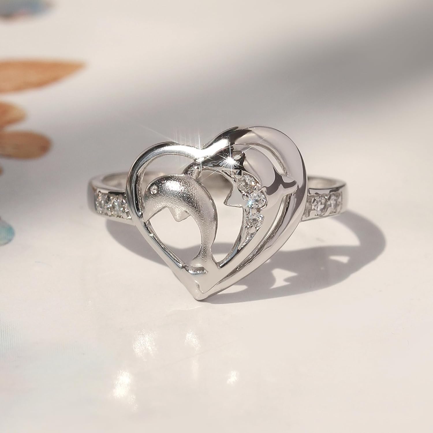 DoubleAccent Sterling Silver Dolphins Together Heart Promise Ring 12MM (Size 4 to 9)