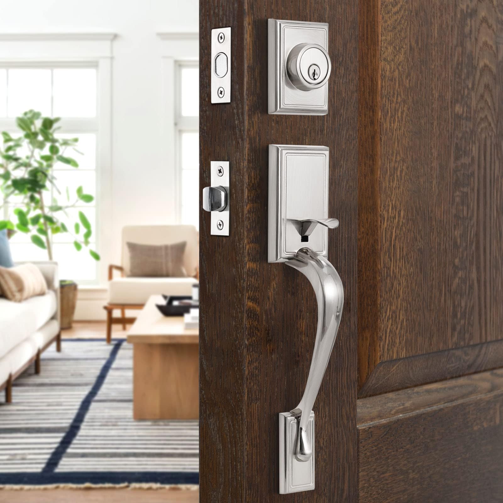 Front Door Lock Set Satin Nickel Exterior Door Handle Sets Front Door Handle with Single Cylinder Deadbolt Entry Door Handle Set for Front Door or Office Door (L36158-S-S115)