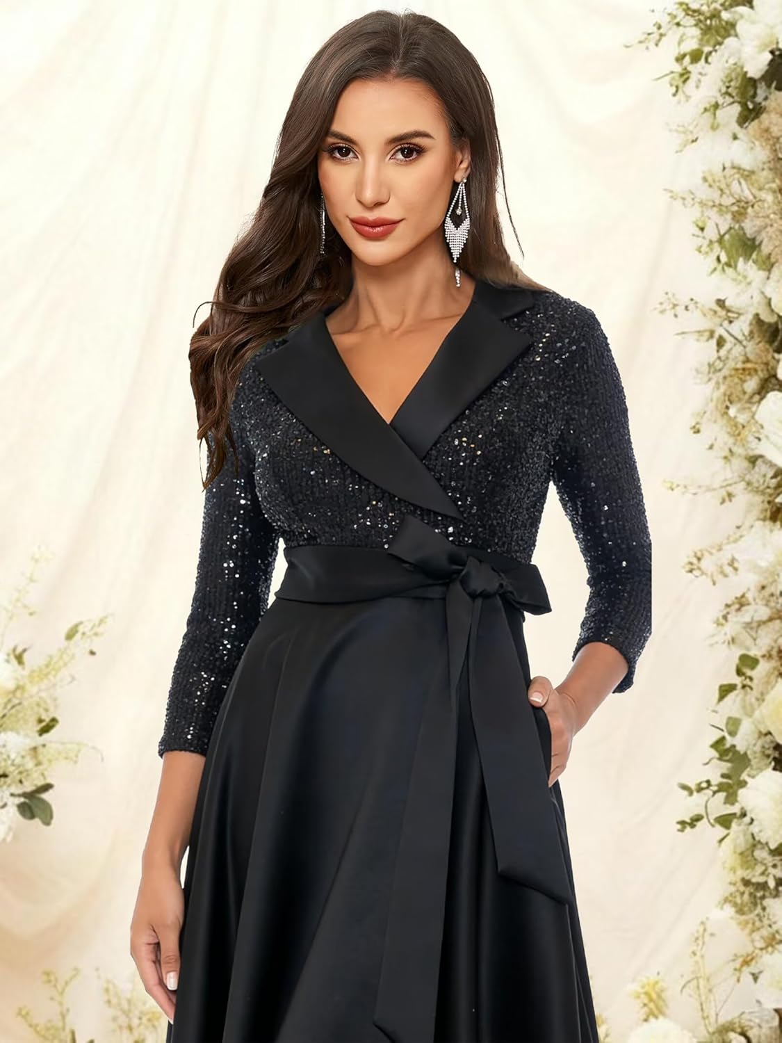 Long Sleeves Mother of The Bride Dresses Sequin Satin Grandmother of The Groom Dress for Wedding - Image 4