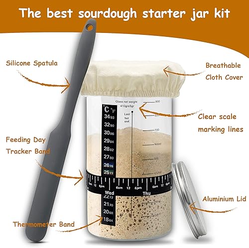 Miniatura 2 de ROROALY Tarro básico de masa madre, kit de inicio de masa madre para hornear pan de masa madre con banda de alimentación marcada con fecha,