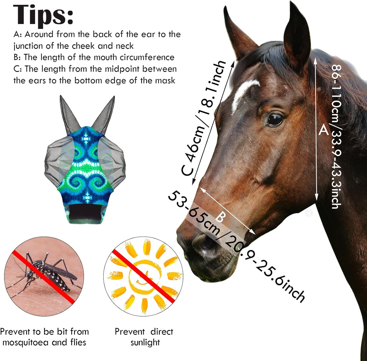 Frienda 4 Pieces Horse Fly Masks with Ears Face Covering UV Protection from Insect Pests Elasticity Smooth Comfortable Mesh Horse Mask Accessories(Tie-dye,Large)