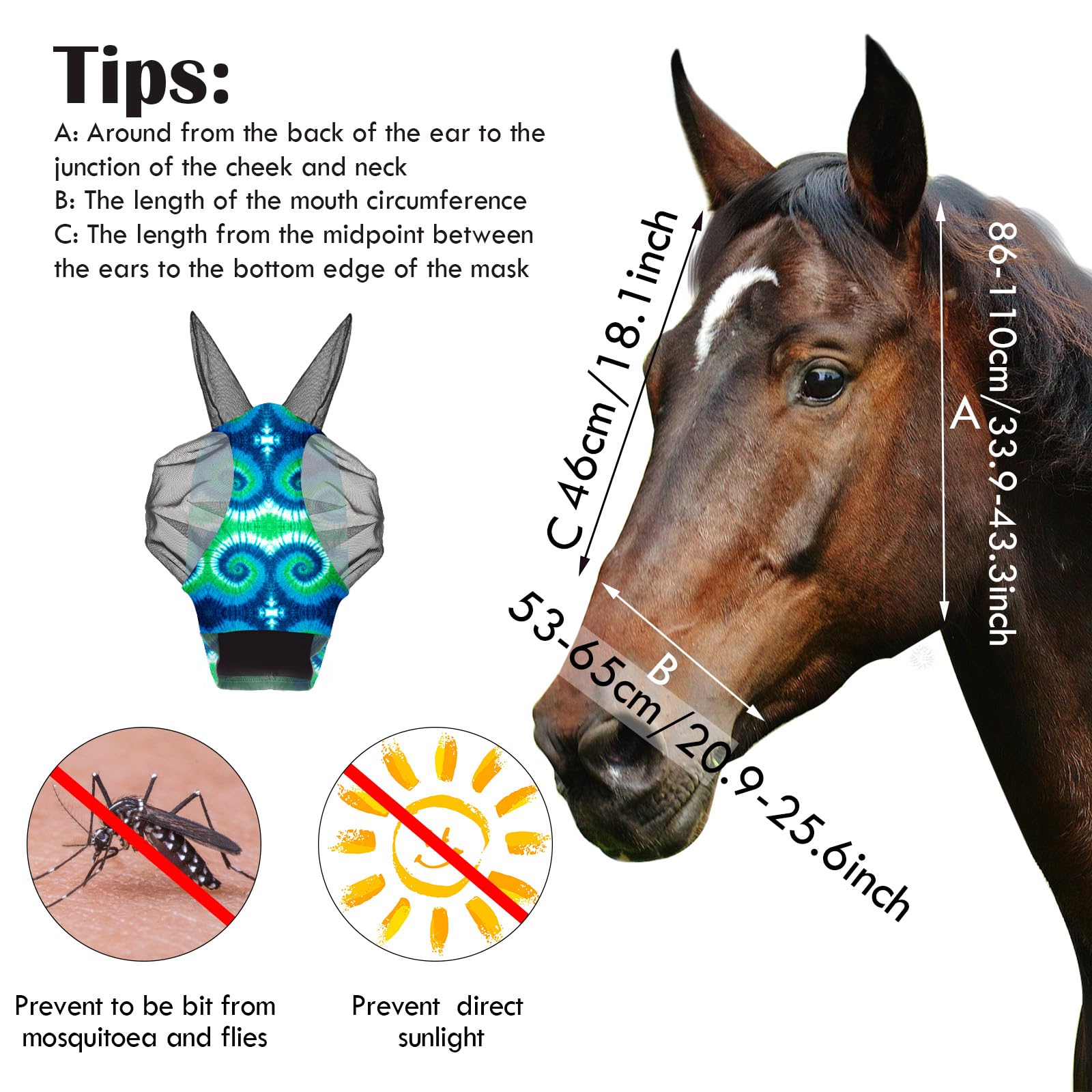 Hestya 2 Pieces Horse Fly Masks for Horses Soft Fly Masks for Horses with Ears Smooth and Elasticity Fly Mask with UV Protection(Tie-dye Pattern,L) - Image 2