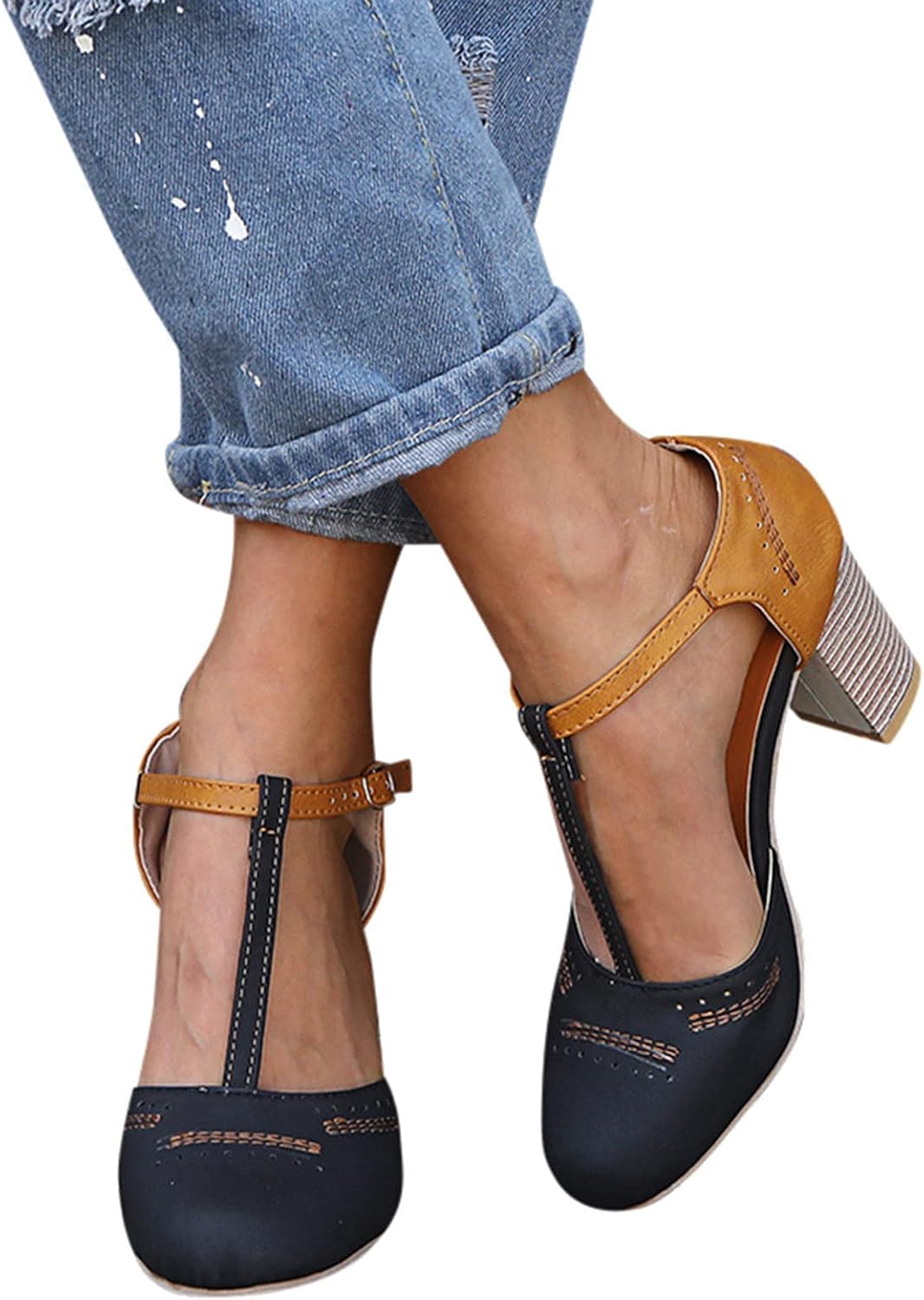 ZBYY Women's Ankle Strap Sandals Summer Close Toe High Chunky Heeled Ankle Strap Buckle Dress Pumps Party Wedding Shoes