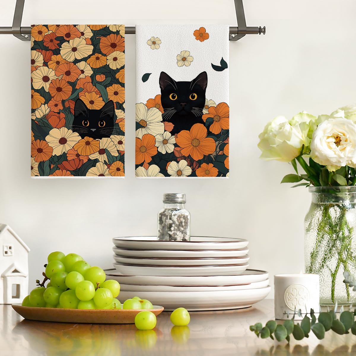 Artoid Mode Flowering Shrubs Black Cat Floral Spring Kitchen Towels Dish Towels, 18x26 Inch Farmhouse Summer Plants Decoration Hand Towels Set of 2 - Image 2