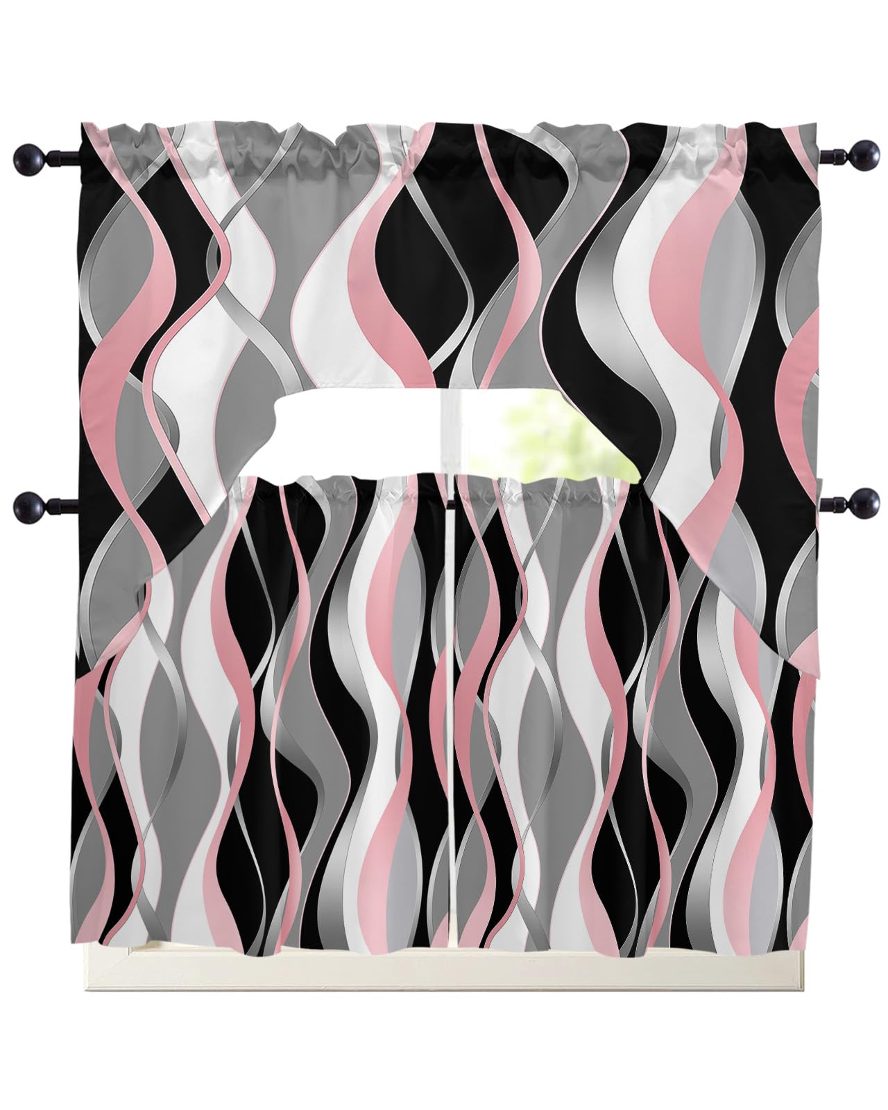 AMZRicher Pink Black Kitchen Curtains Swag Valance and Tier Curtains Set 24 Inch Length, Geometric Contemporary Grey White Stripe Rod Pocket Drape Panels Pair Swag Curtains for Bathroom/Cafe/Window