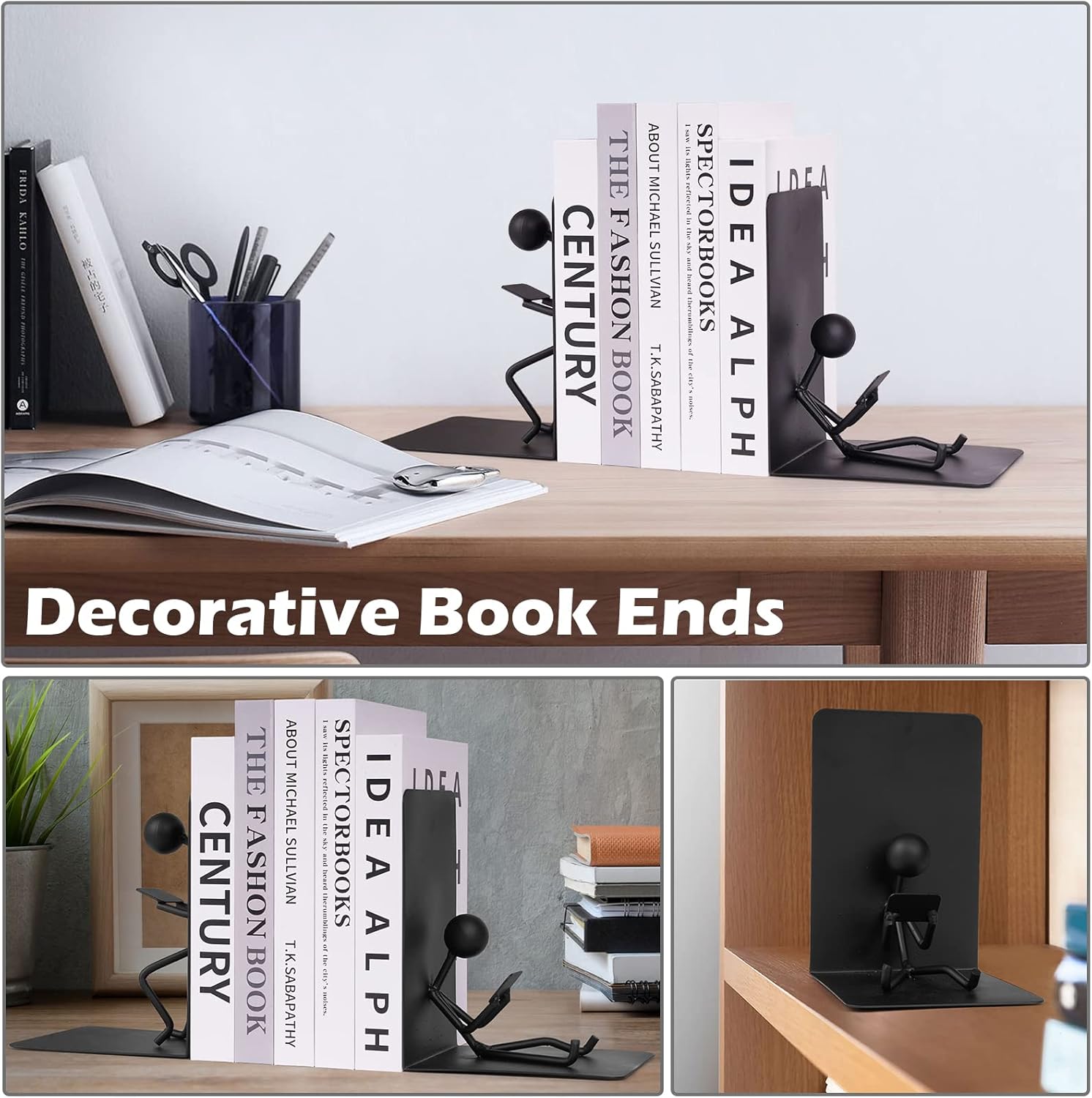 Agirlgle Bookends Decorative Book Ends Metal Black Heavy Duty Man Bookend Studious Reading Book end Bookshelf Decor for Bedroom Library Office School Book Display Desktop Organizer Adults Kids Gift