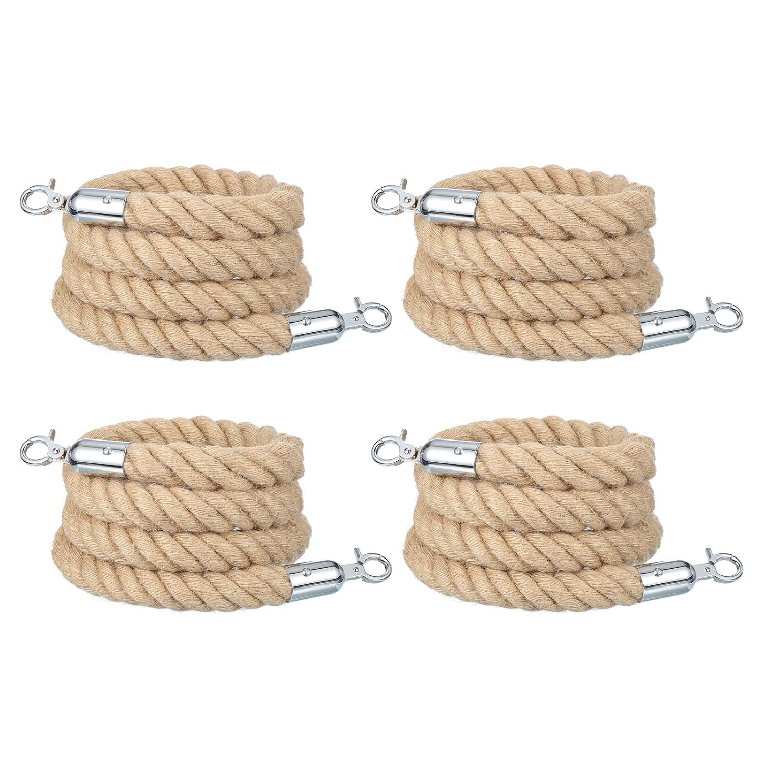 MECCANIXITY Jute Stanchion Rope 6.6ft x 1.3 Inch Safety Queue Braided Jute Ropes with Snap Hooks, Crowd Control Line Barrier for Movie Theaters Grand Openings Hotel Celebration 4Pcs