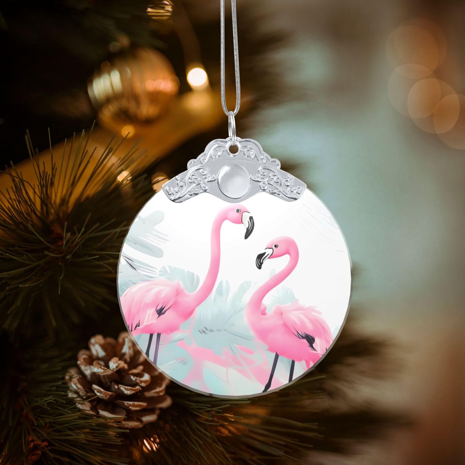 Crystal Christmas Ornaments for Christmas Tree Decoration Hanging Love Flamingo Ornament with Gold Ribbon Crafts Round Pendant for Keepsake Gifts Glass Xmas Decor Party Supplies