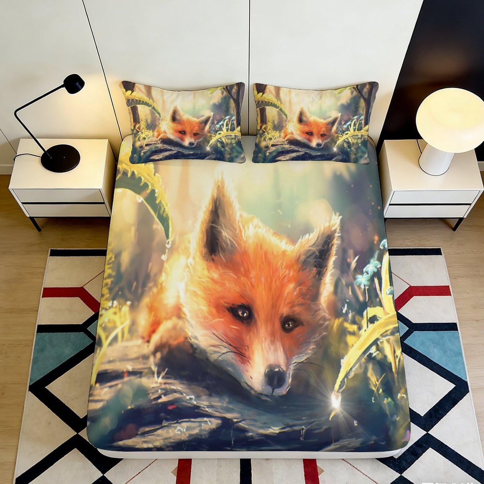 3D Printed Fox Pattern Fitted Sheet Microfiber Soft Breathable Forest Animal Mattress Cover for Bedroom Dormitory Guest Room Protection Decor 180x200x25cm