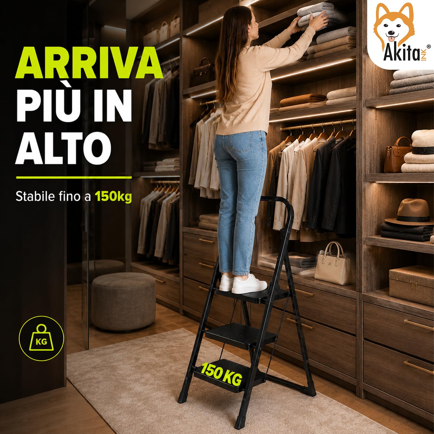 AkitaInk Scaletta Pieghevole in Acciaio Nero Antiscivolo, Scala Multiuso a 3 Gradini, Salvaspazio, Portata 150 kg, Certificata EN14183