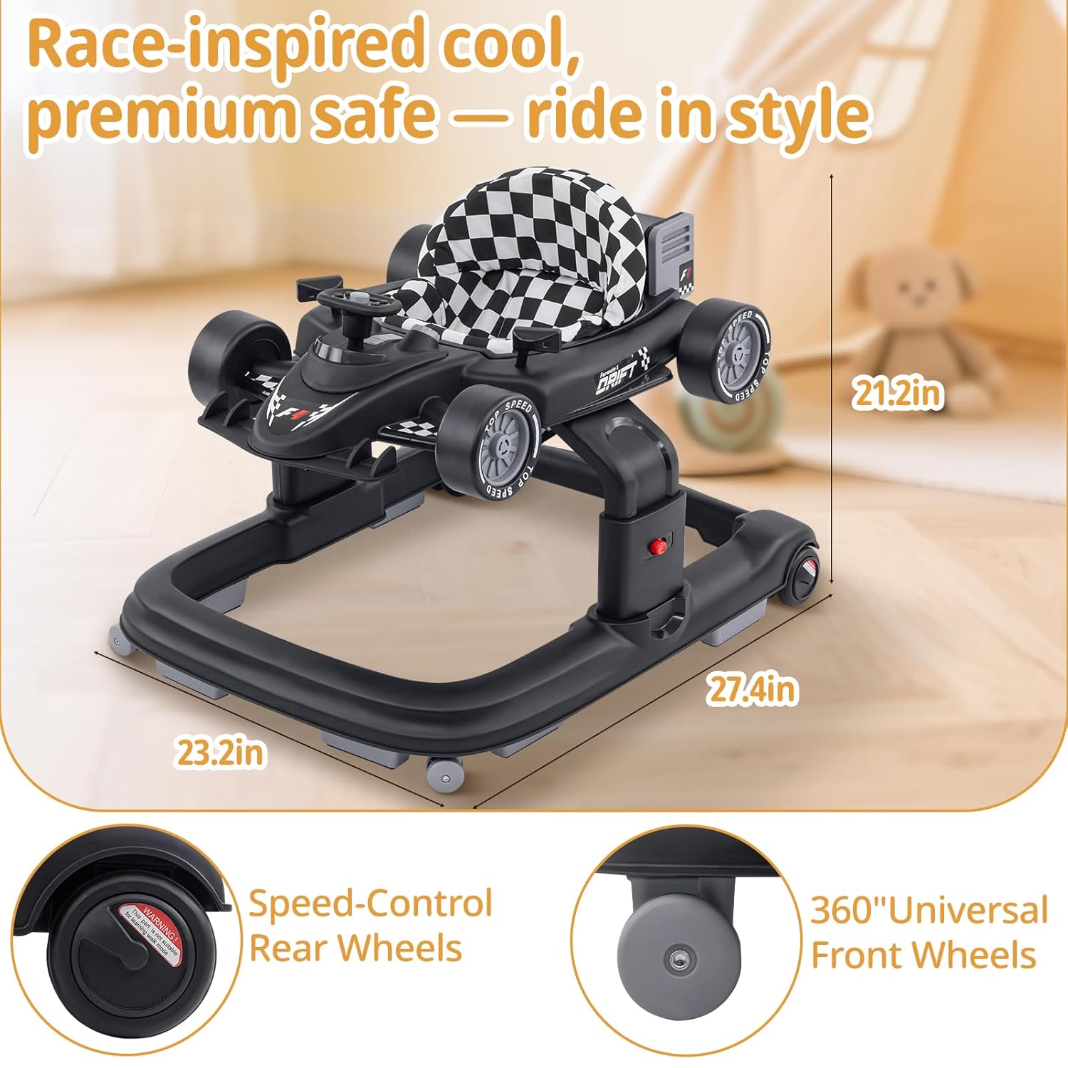 Baby Walker with Wheels | 3 Adjustable Heights, Reinforced Frame, 4 Modes (Push Walker & Jumper), Speed & Height Adjustments, Music, Lights, Anti-Rollover Design, for 6-18 Month Olds - Image 7