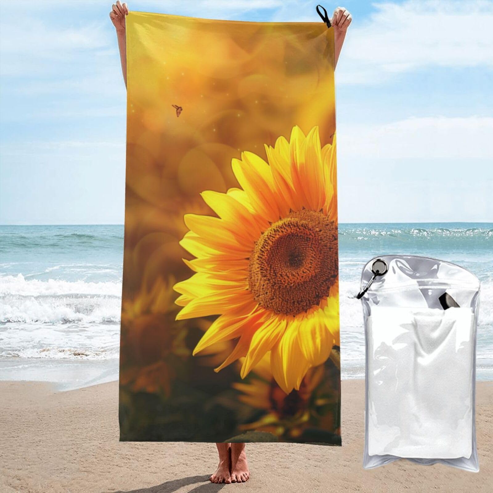 Microfiber Beach Towel, Sunny Sunflower Butterfly Printed Lightweight Quick Dry Travel Bath Sheet with Compact Carry Bag for Swimming Yoga Camping Gym,31.5"x63"