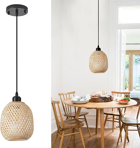Miniatura 9 de TERLEENART Juego de 2 Lámparas Colgantes, Iluminación Colgante de Ratán Bambú Bohemio de Mediados de Siglo, Candelabro de Techo Tejido en Cesta
