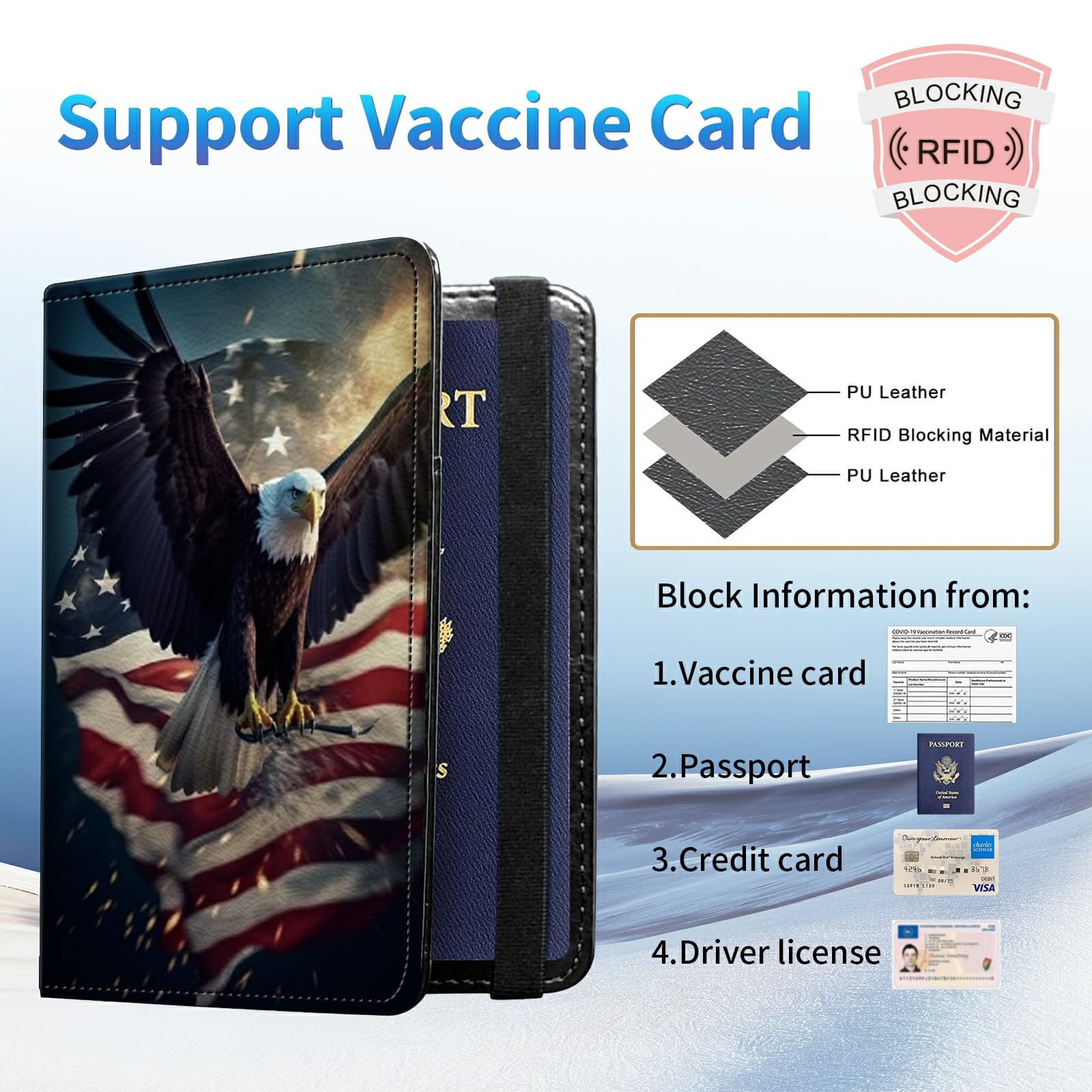 Combo de tarjetero para pasaporte y vacunación, piel sintética, bloqueo RFID, funda para pasaporte para mujer, funda de cuero con banda elástica, con bolígrafo, multicolor/fantasía (American Flag