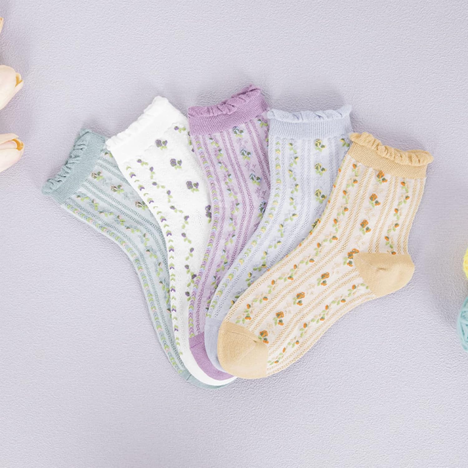 DXYAKY 5 Pairs Womens Floral Cotton Socks Vintage Patterned Crew Socks Novelty Ankle Ruffled Warm Casual Dress Socks - Image 7