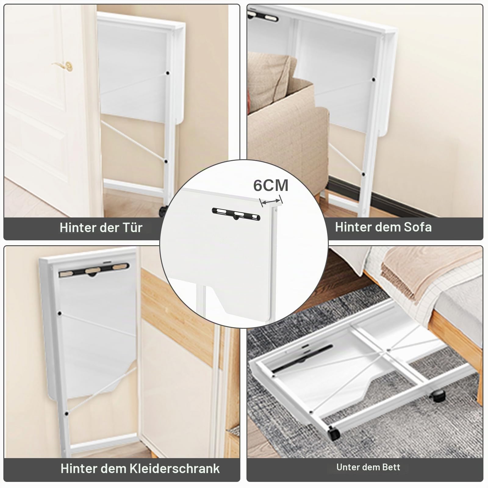 Schreibtisch klappbar mit Tablet Steckplatz, Mobiler Computertisch mit 4 Rollen, Faltbar PC Tisch Bürotisch für Home Office 90x56x75cm, Klappschreibtisch Holz Weiß