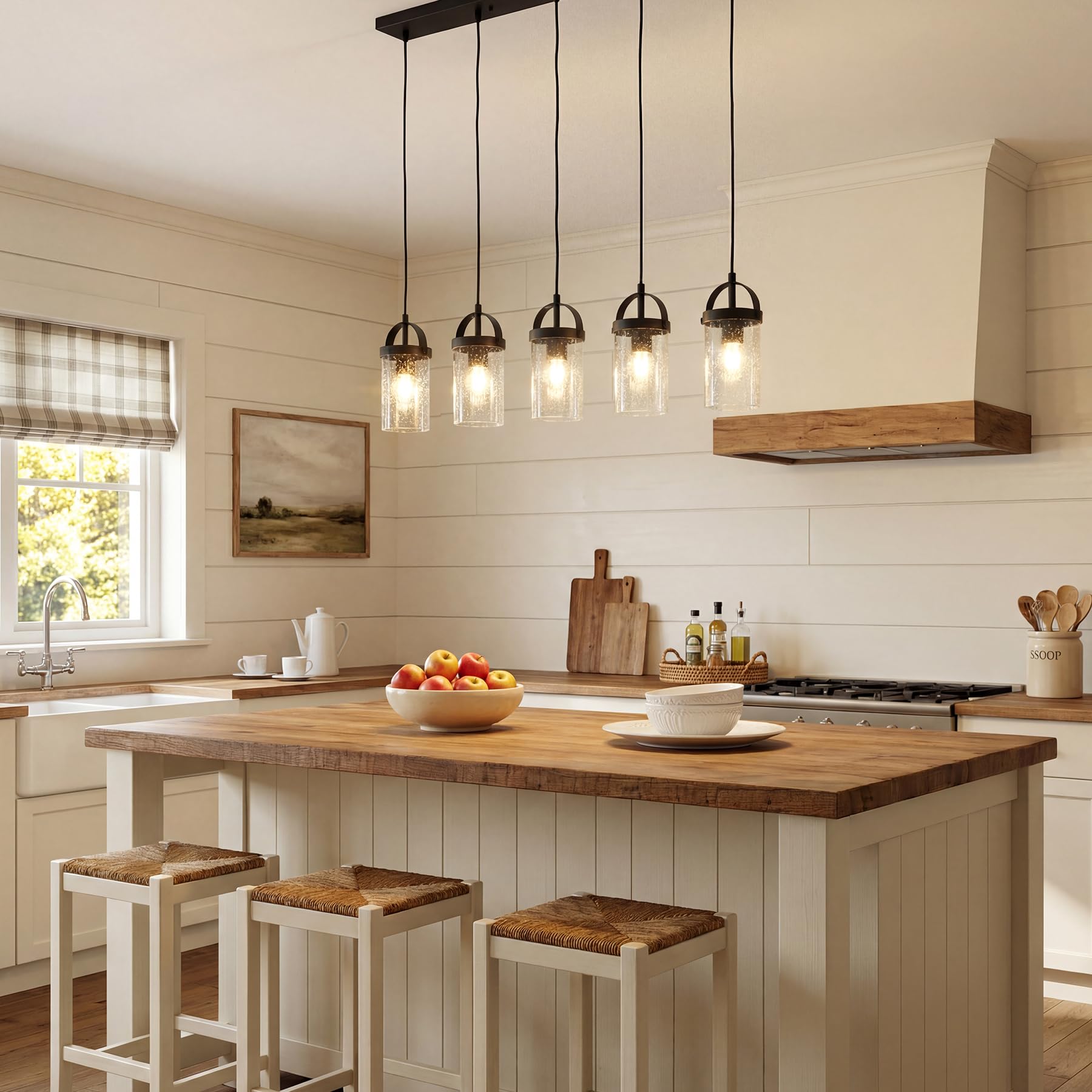 Tribesigns Lámpara de araña lineal negra de 5 luces, iluminación para isla de cocina de estilo rústico con pantallas de vidrio texturizado para comedor, altura ajustable, casquillo E27
