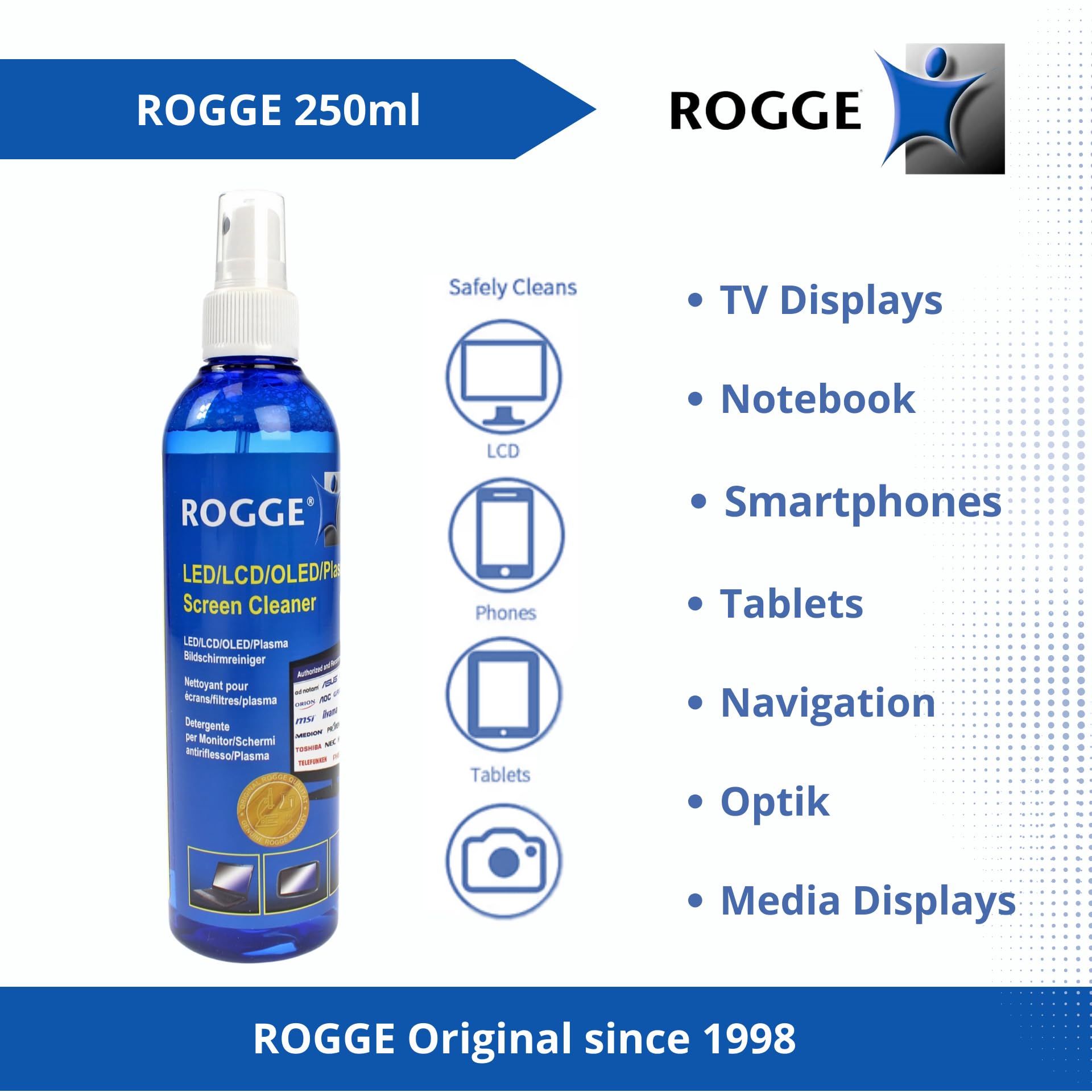 ROGGE Duo-Clean Original Set, 250ml Płyn do czyszczenia ekranu + 2 premium ściereczki mikrofibrowe ROGGE. Czyści wyświetlacze telefonów, laptopów i telewizorów - LCD, LED, OLED, QLED, TFT usuwa plamy