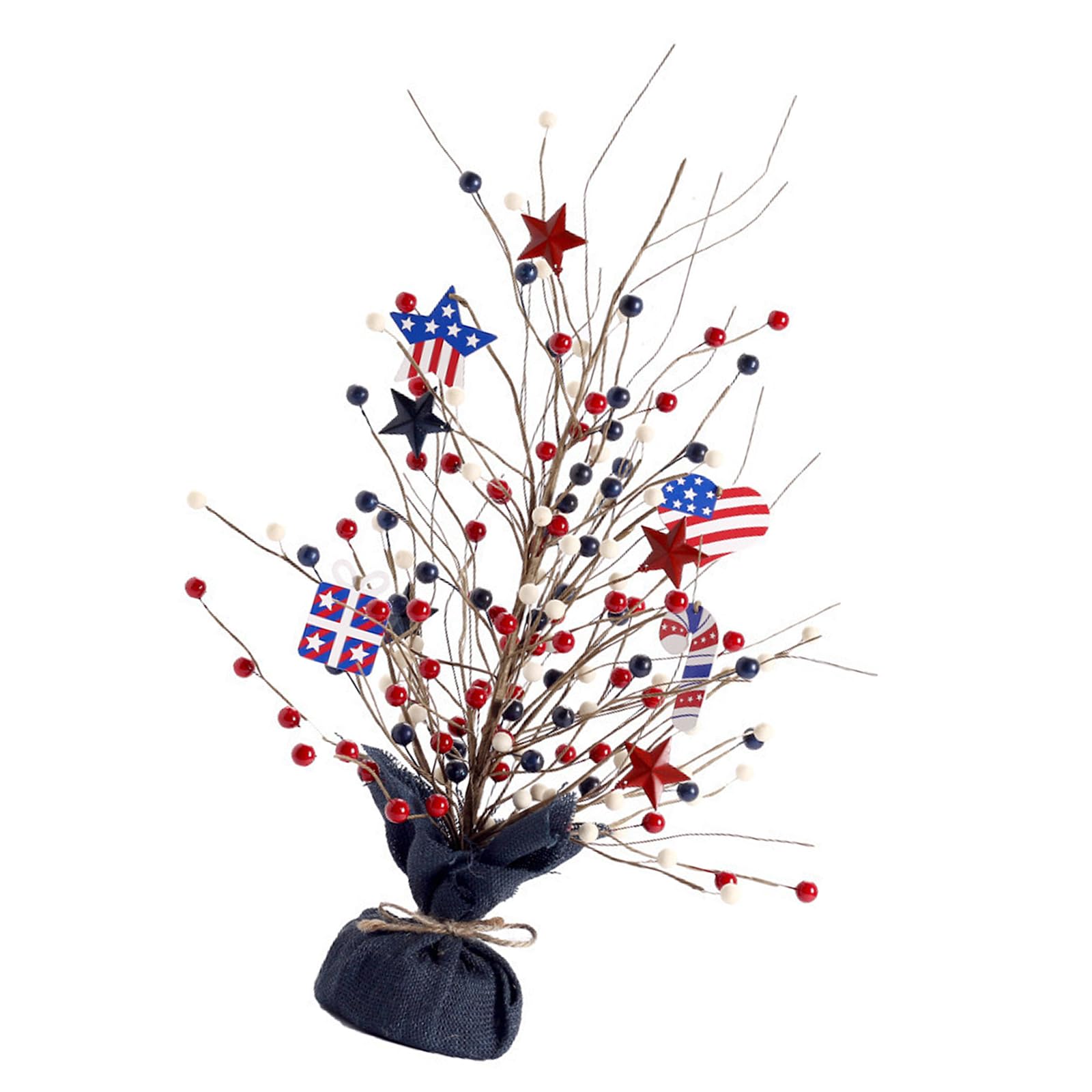 Holiday Decoration Tree Shape Ornament with Wooden Base Patriotic Independence Day Decoration for Tabletop and Shelf Independence Day