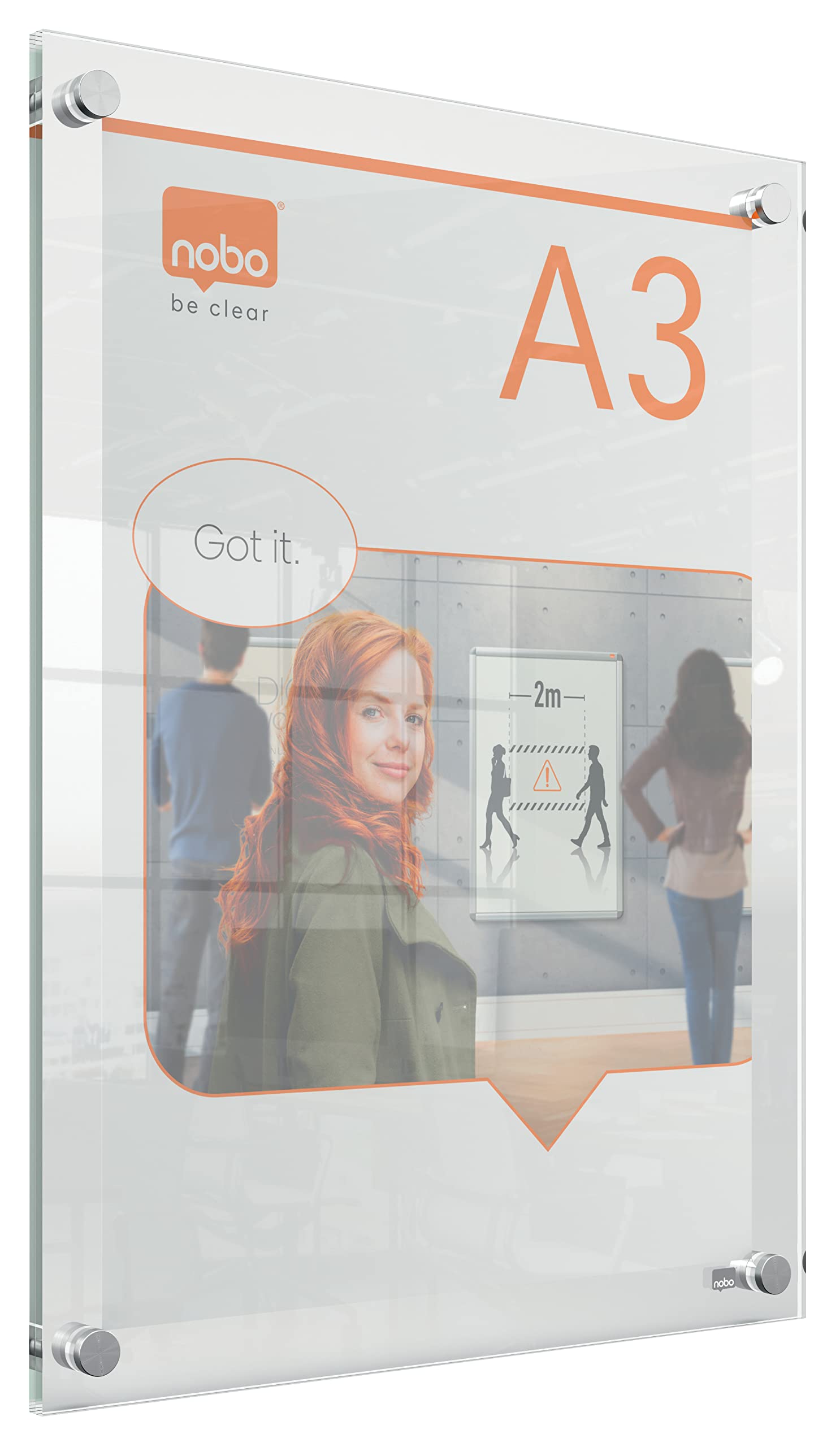 A3 Acrylic Wall Mounted Poster Frame, Frameless, Through Corner Fixing, Portrait/Landscape, Premium Plus, Clear, 1915590