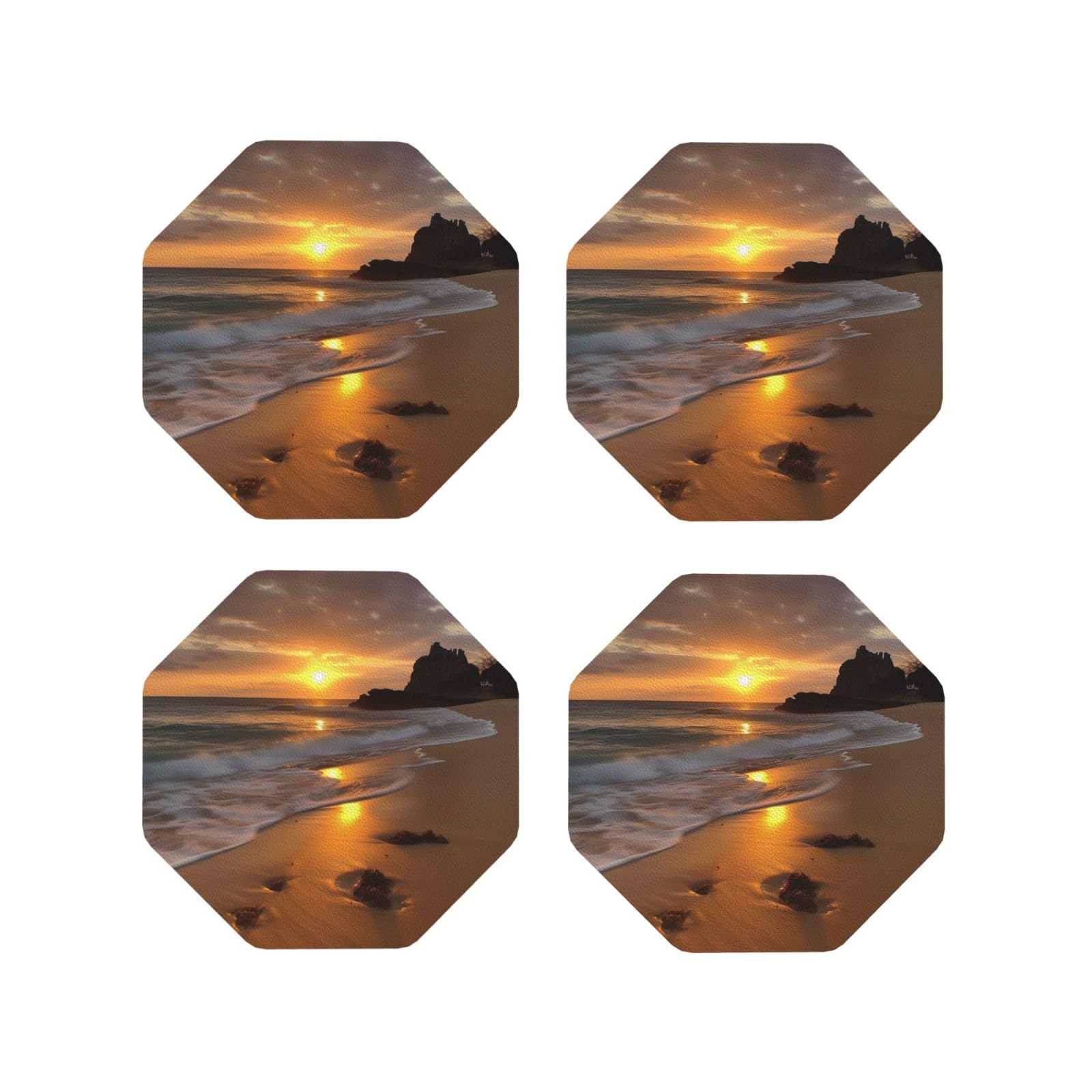 4Pcs PU Leather Coaster for Drinks, Sunrise Beach Cup Coastersr 4" Cup Mat Pad, Aesthetic Drink Coasters for Coffee Table, Octagon Coaster for Tabletop Protection