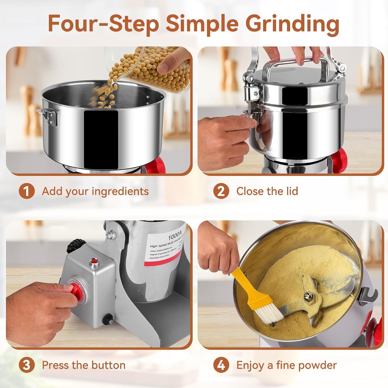 Grain Mill Grinder - 1000g High-Speed Electric Stainless Steel grain mill with 270° Swing Grinding Technology for Grains, Millet & Spices - Spice Grinder Ideal for Commercial, Kitchen Shop Use