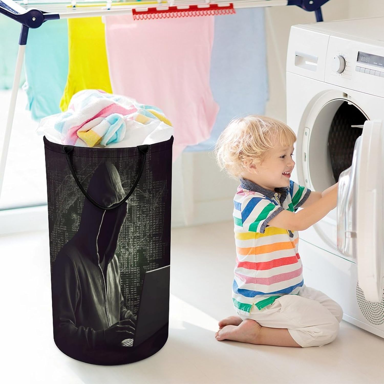 Hacker Laundry Hamper with Handles Waterproof Collapsible Laundry Basket Large Lightweight Round Dirty Clothes Hamper for Home Dorm Bathroom Decor