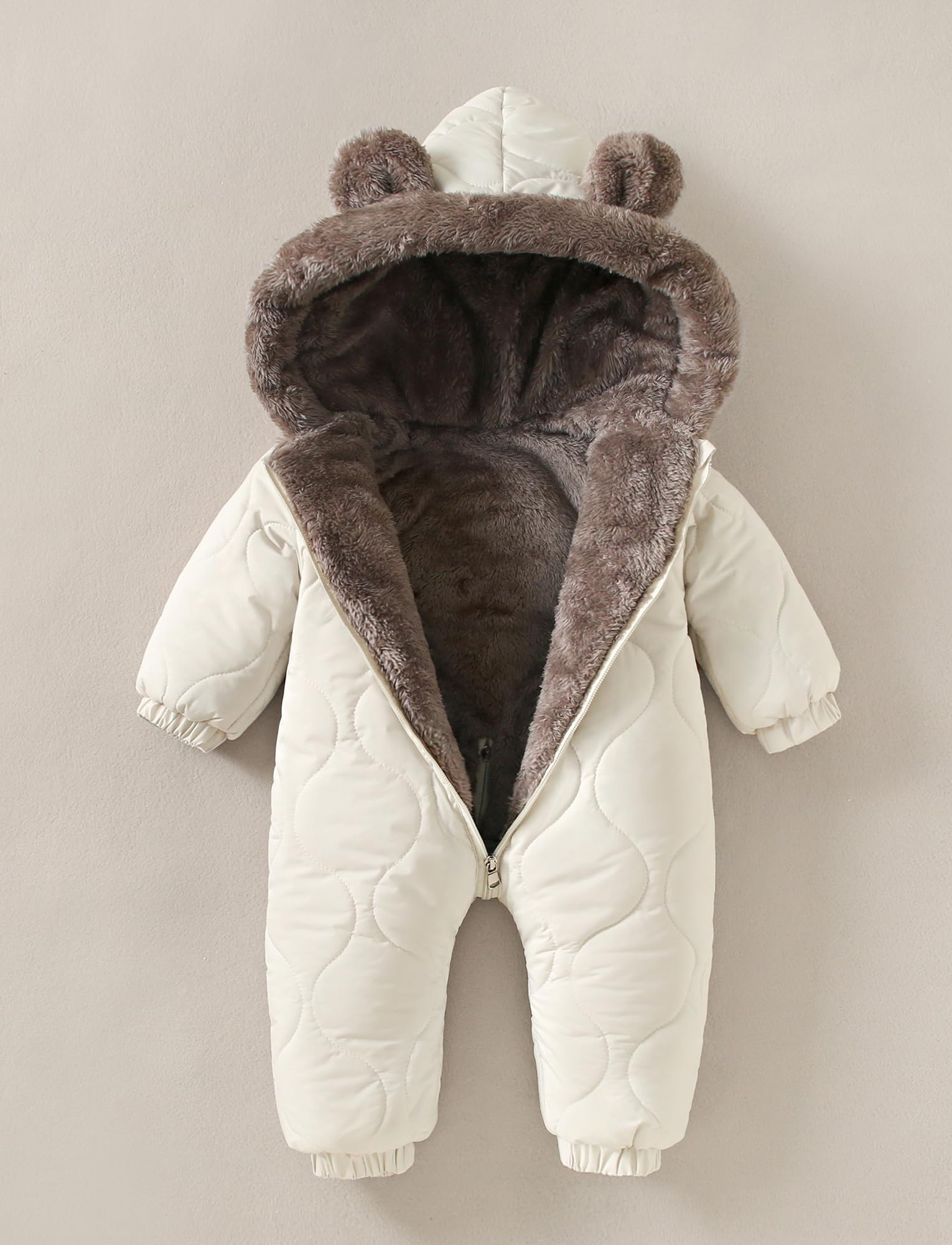 Happy Cherry - Bebé Mameluco Invierno con Forro Recién Nacido Traje de Nieve con Capucha Niño Niña Mono Cálido Infantil Pelele Entero Ropa de Una Pieza Calentito con Cremalleras - 0-24 Meses