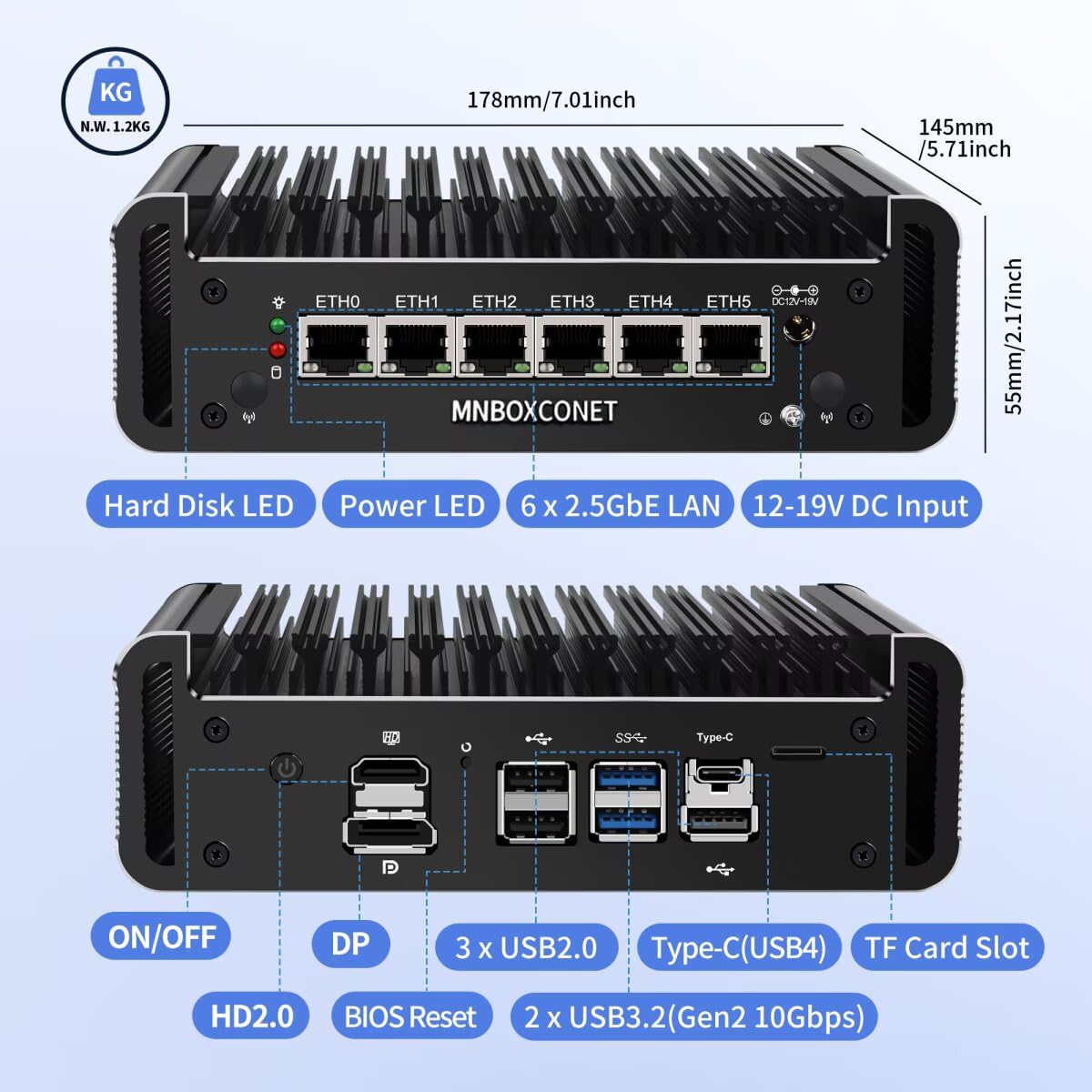 Mini PC Firewall Lüfterlos Core i3 1215U(up to 4.4GHz), DDR5 Barebone Micro Appliance Hardware Computer 6 x 2.5GbE I226-V LAN, OPNsense, USB C, TF, AES-NI