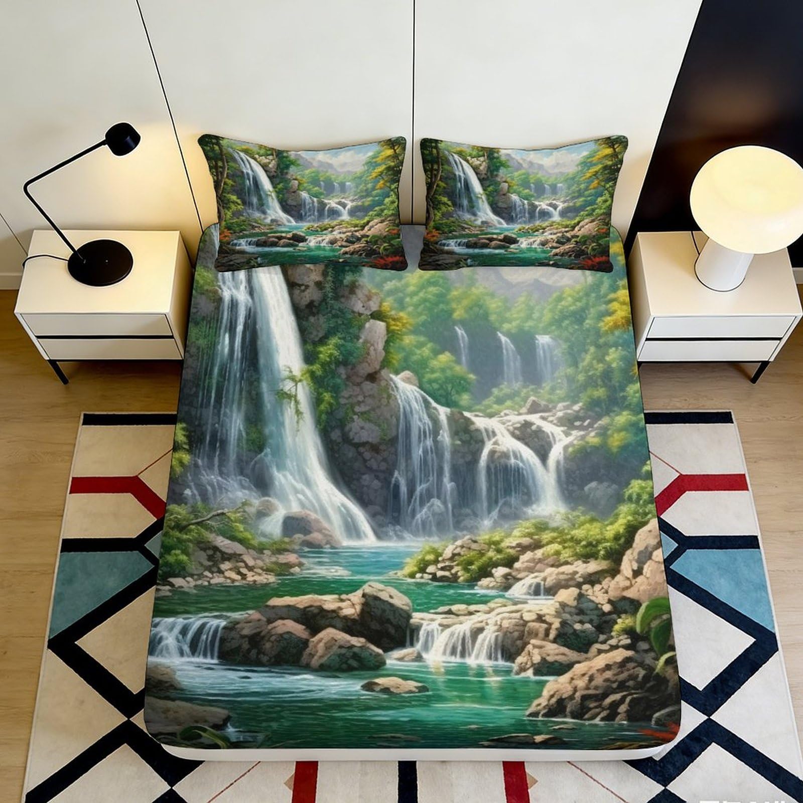 3D Printed Waterfall Landscape Fitted Sheet Microfiber Soft Breathable Forest River Mattress Cover for Bedroom Dorm Decor 90x200x25cm