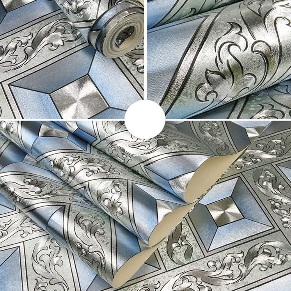 Q QIHANG DAWEI Silver Foil Mosaic Rhombus Flicker KTV Room Home Decorative Wallpaper Silver Blue Color 1.73'W x 32.8‘L’