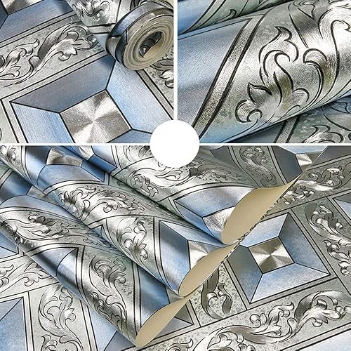 Miniatura 2 de Q QIHANG DAWEI - Papel tapiz decorativo para habitación de KTV, mosaico plateado, diseño de rombos y rombos, color azul plateado, 1.73 pies de ancho