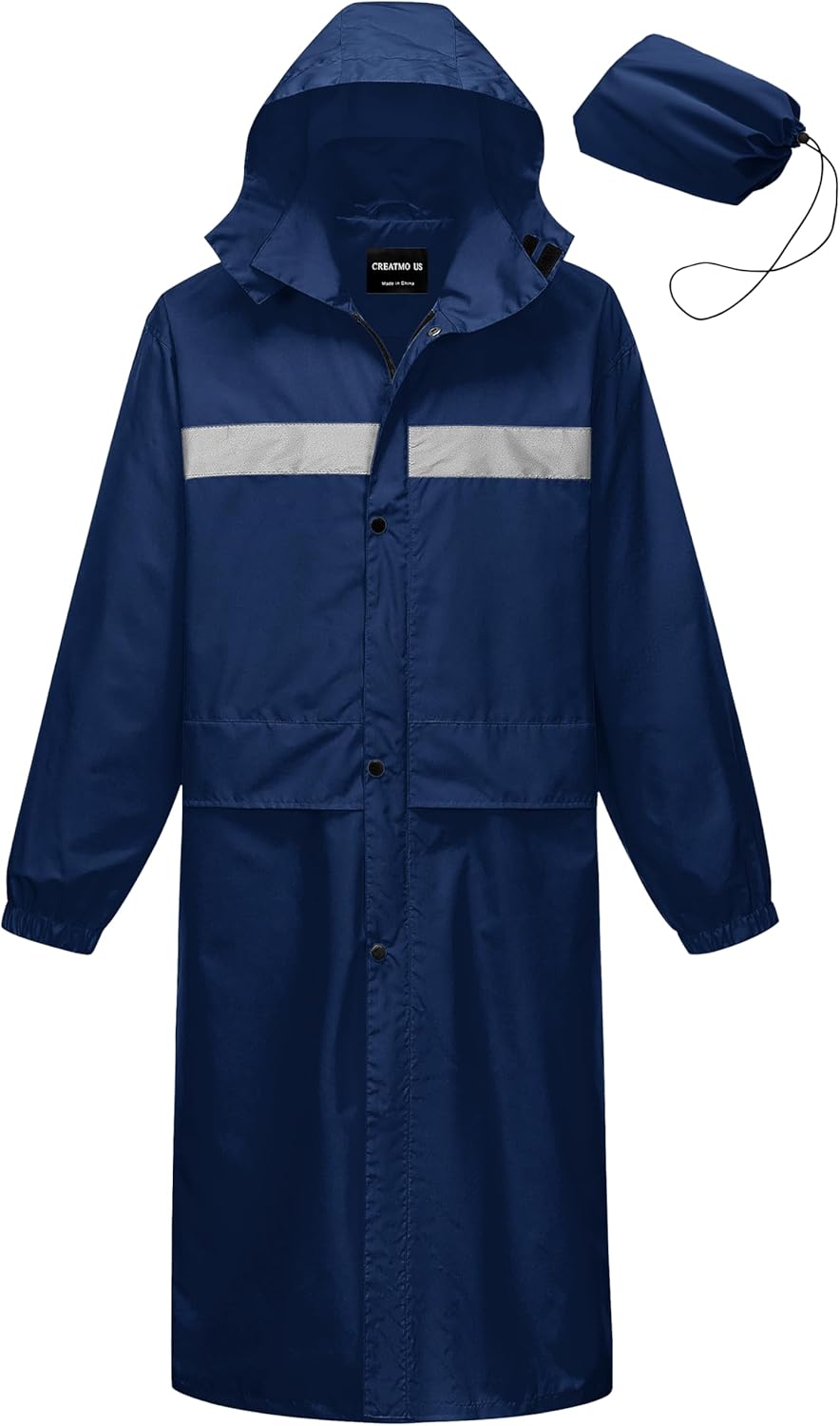CREATMO US Men's Long Rain Coat Waterproof Packable Rain Jacket Outdoor Lightweight Windbreaker with Hood