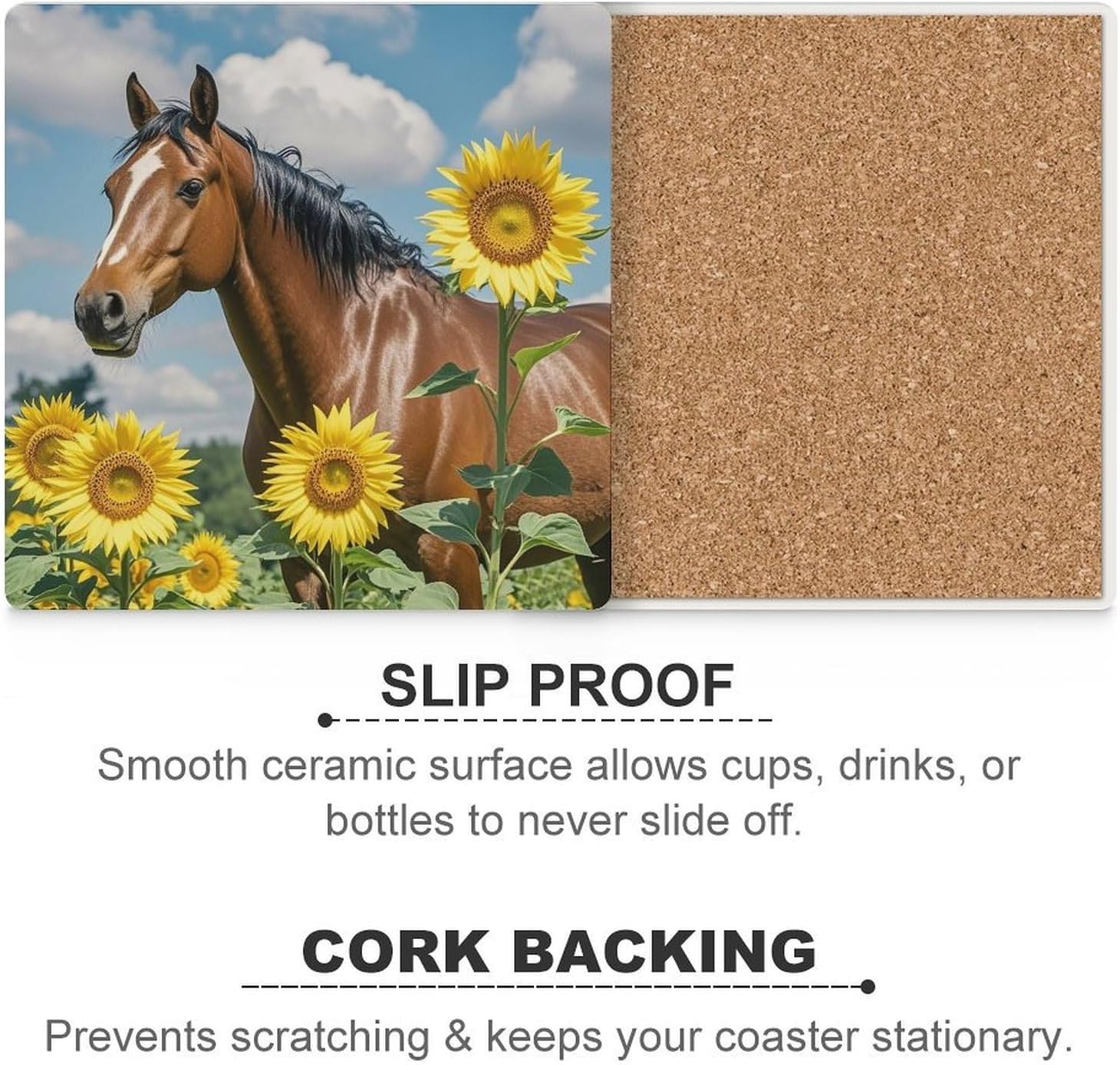 Horse and Sunflower Coasters Absorbent Ceramic Coasters for Drinks Coaster with Cork Backing for Table Protection Square Drink Cup Mat Modern Style Coaster for Coffee Table