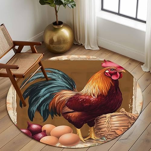 Miniatura 3 de 7ft Round Rug, Retro Rooster Non-Skid Rubber Backing Large Area Rugs - Living Room Bedroom Home Office, Pastoral Animals Watercolor Botanical Indoor