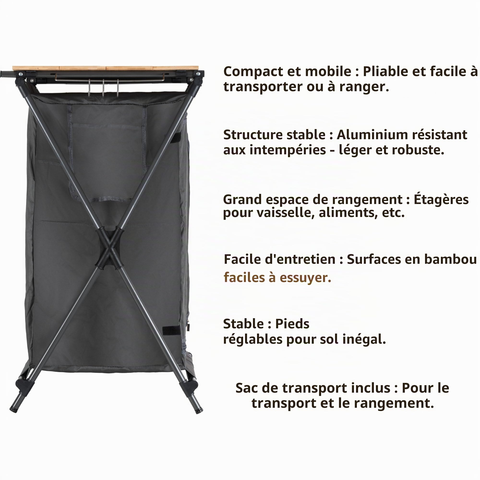 Stagecaptain Armoire de Camping CSB-85 - Cuisine Pliable Outdoor avec Plateau Bambou Robuste, Structure Aluminium, idéale Camping, caravanes, Jardin, Maison - Sac de Transport Inclus.