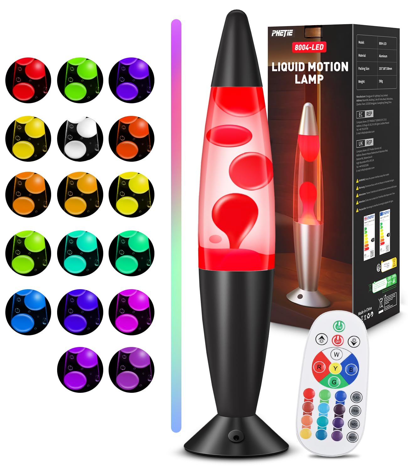 PHEJIE Lavalampe - 13 Zoll-Schwarz3 mit Fernbedienung, 17 Farben Wechsel - Automatische Farbwechsel LED Lavalampe mit Timer 15m Reichweite - Sicher & Energiesparend für Kinderzimmer