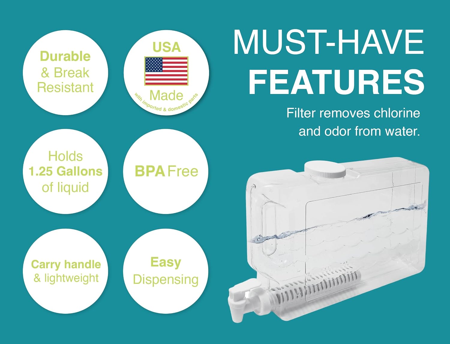 Arrow Cleara Water Filter Dispenser, 1.25 Gallon - Plastic Beverage Dispenser with Spigot & Filter for Easy Dispensing - BPA-Free Clear Plastic - Removes Chlorine & Odor from Water