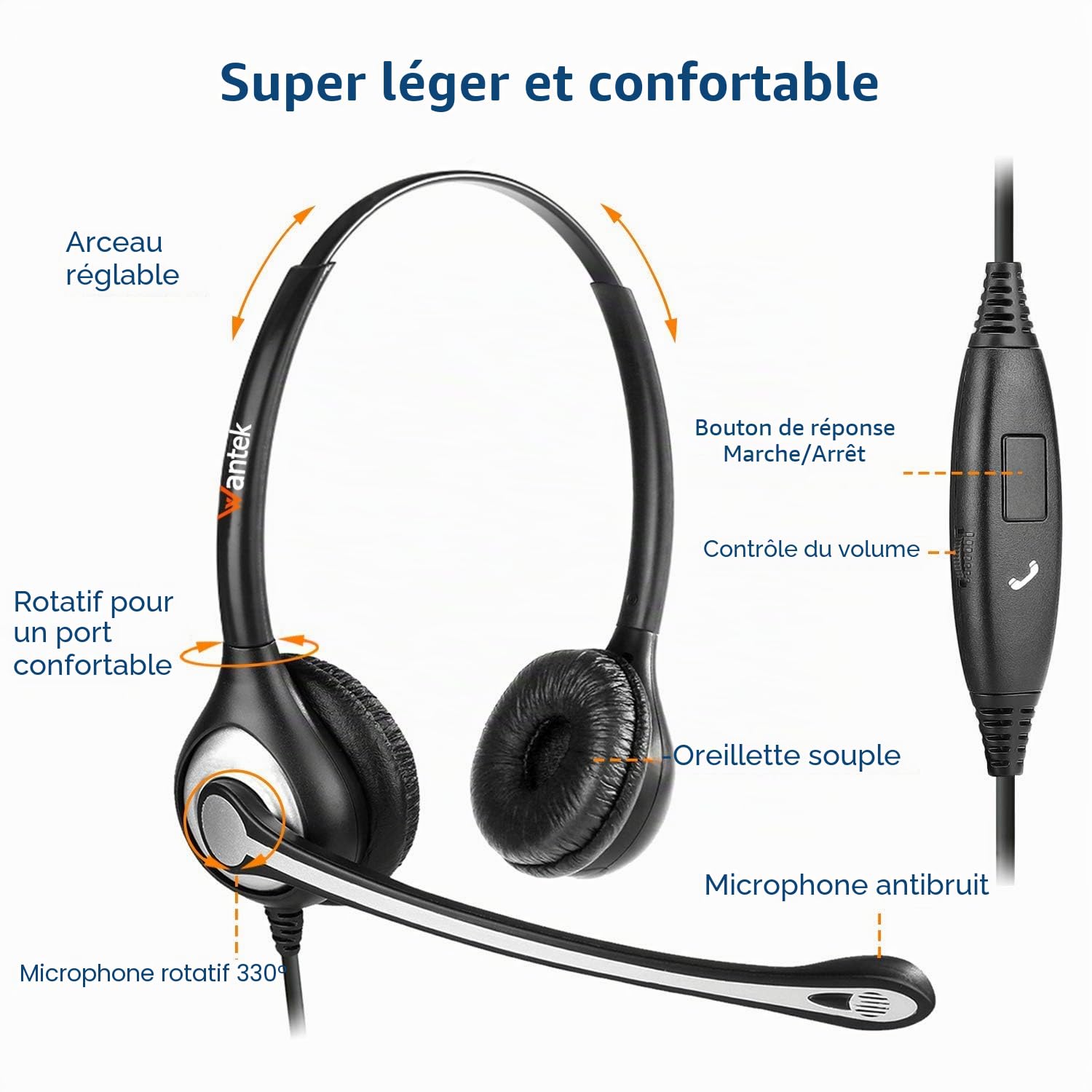 Wantek Casque de téléphone Portable avec Micro antibruit et Commandes d'appel, Casque d'ordinateur 3,5 mm pour iPhone, PC, Entreprise, Skype, Softphone, Centre d'appel, Bureau