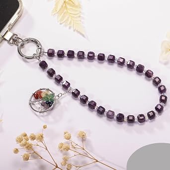 Beaded Phone Strap Amethyst Crystal Detachable Wrist Lanyard Hands-Free Anti-Theft Crossbody Chain for Phone