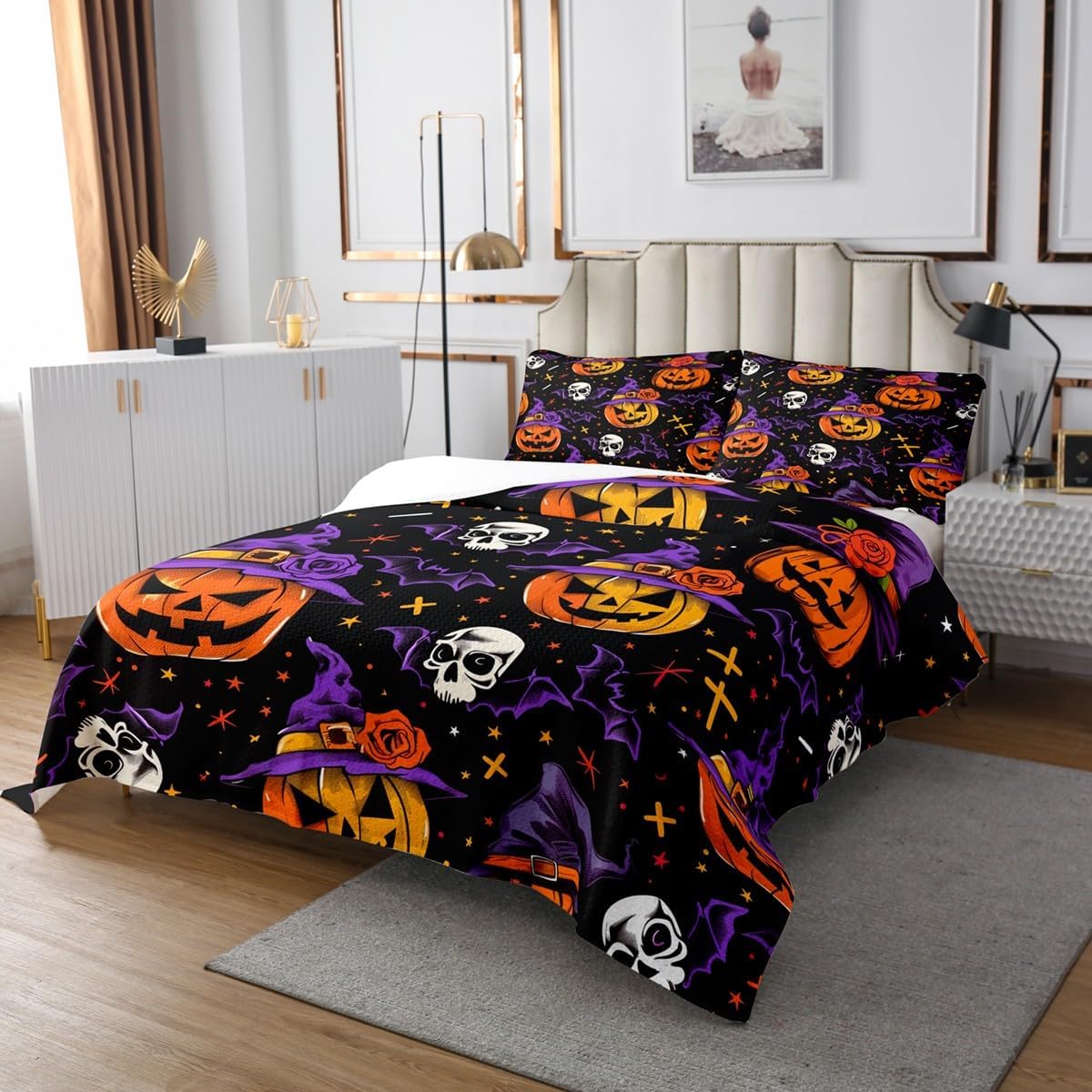 jejeloiu Halloween Decorations Bedspread Witch's Hat Black Bats and Pumpkins Print Coverlet Set King Size for Boys Girl Skull Pattern Quilted Coverlet Star Print Quilted Trick or Treat Bedroom Decor