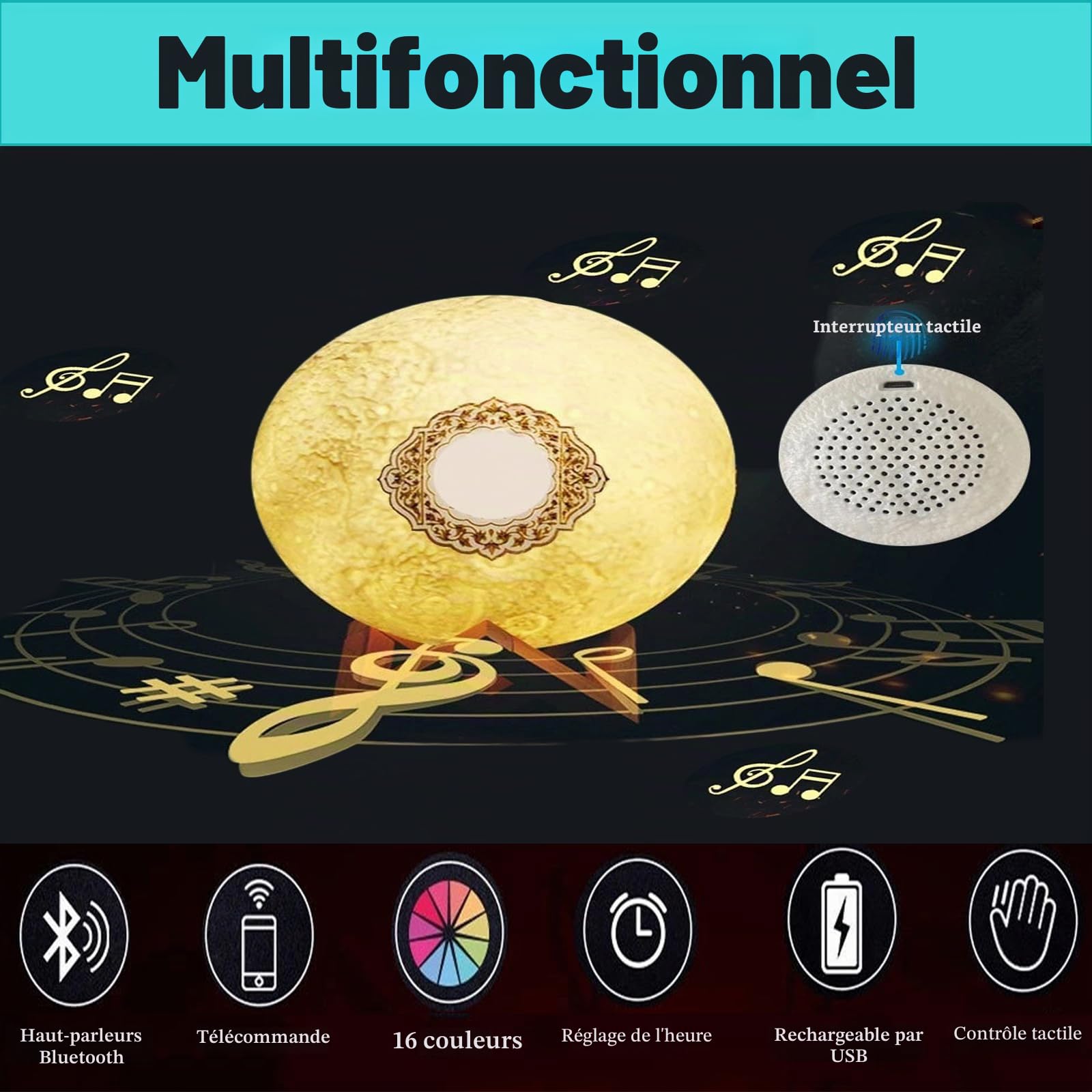 Quran Lampe de lune Bluetooth Quran Smart Touch - Veilleuse LED 3D - 16 couleurs - Lecteur haut-parleur coran - Télécommande - Petite lampe lune (A)